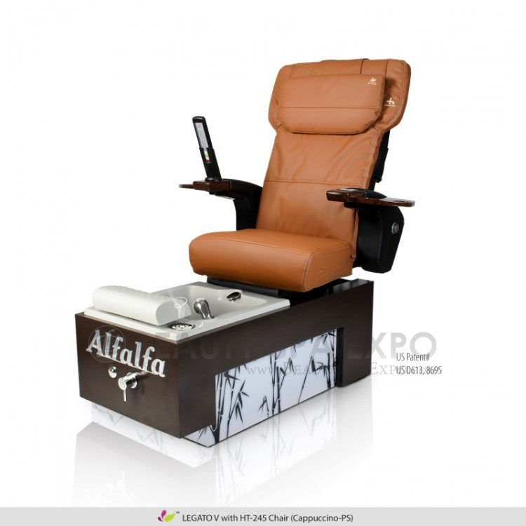 Legato Pedicure Chair. Cappuccino HT245 Massage Chair, Cafelle Base Laminate, Cappuccino Sink & Bamboo Garden Panels.