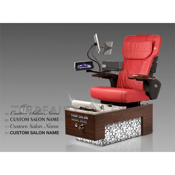 Legato Pedicure Chair. Red HT245 Massage Chair, Cafelle Base Laminate, Cappuccino Sink & Country Floral Panels.