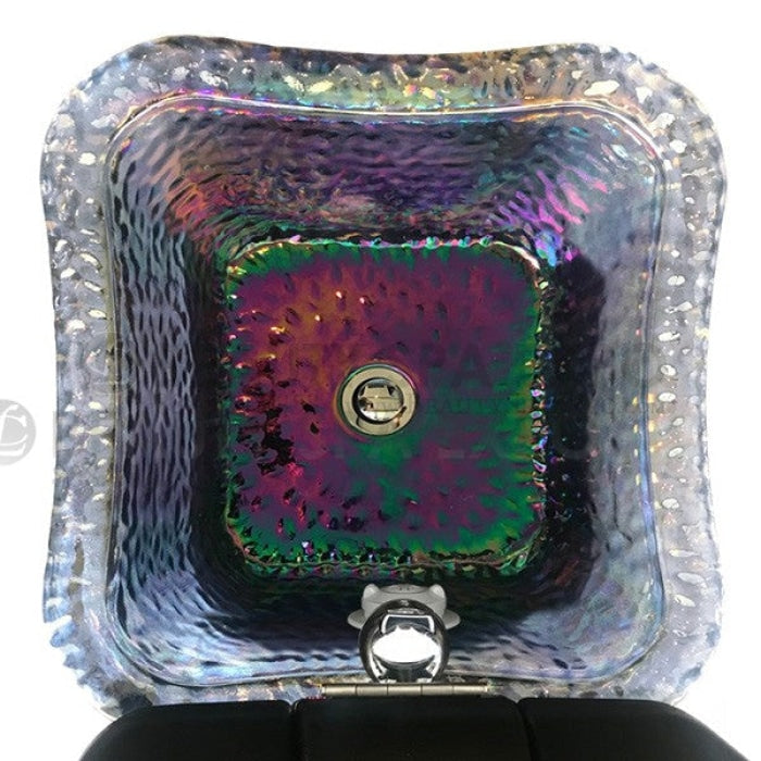 Crystal or Chocolate glass basin with iridescent, “Mother of Pearl” finished surface. Basin is durable, thermal shock resistant, LED-lit, and will accept spa liners