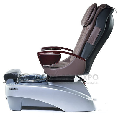 Spa Joy Pedicure Chair. Chocolate Seat, Silver and Gray Base with a Reinforced fiberglass spa base with Silver Nano Technology in a Nickel Color