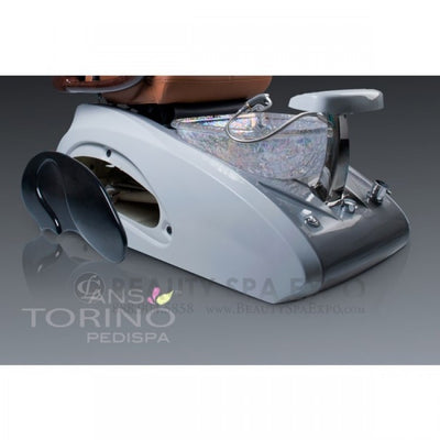The Torino features a glass sink bowl; an adjustable waterproof, fiberglass footrest; an easy-to-control, front-mounted faucet; a pullout, multifunction shower head; an embedded LED light color therapy; free matching pedicure stool.