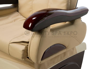 Valentine 777 Pedicure Chair. Genuine redwood finish armrests featured with acetone-resistance and convenient lift-up access.
