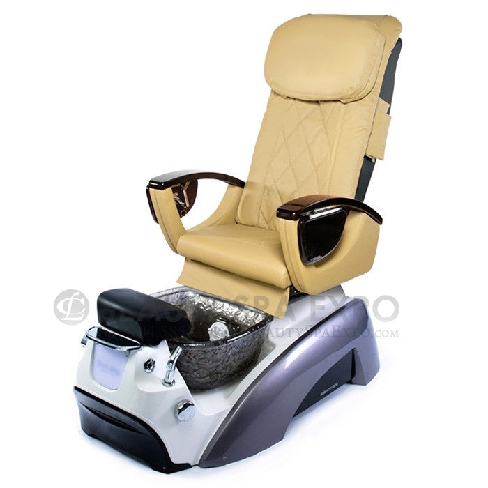 Yuri Joy Pedicure Chair. Cream Seat, Base White & Gray With Nickel Glass Bowl